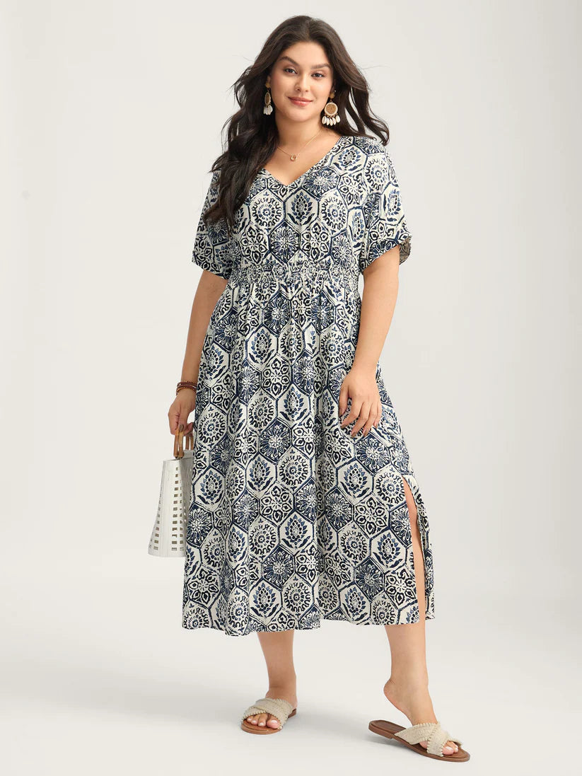 Surplice Neck Split Side Pockets Midi Dress