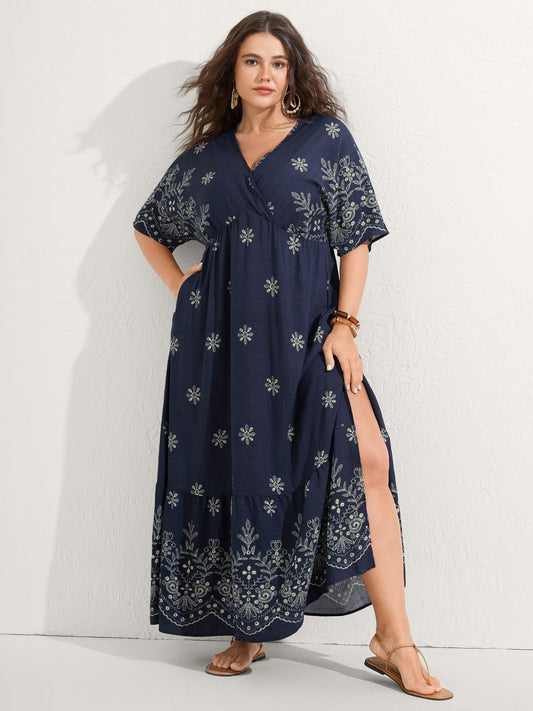 Surplice Neck Split Side Pockets Midi Dress